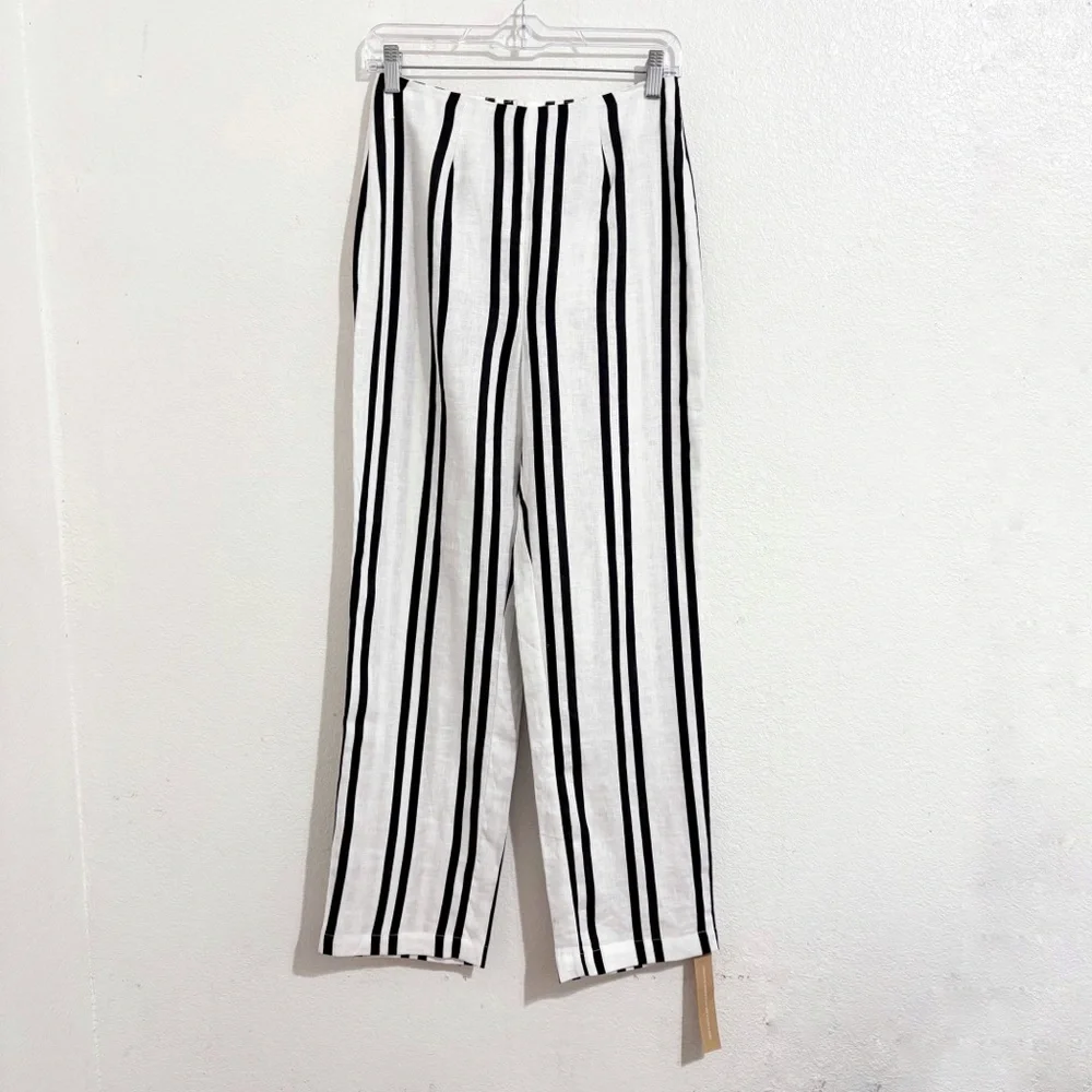NWT Reformation‎ Poppy Linen High Rise Straight Leg Pant PJ Stripe Black & White